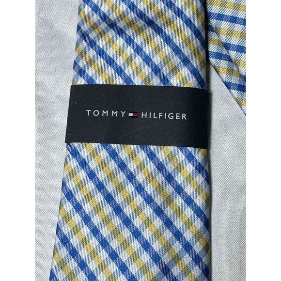 Tommy Hilfiger Men's Polyester Tie ~ Yellow & Blue Plaid Check New Tags Flaw NWT - Picture 2 of 7